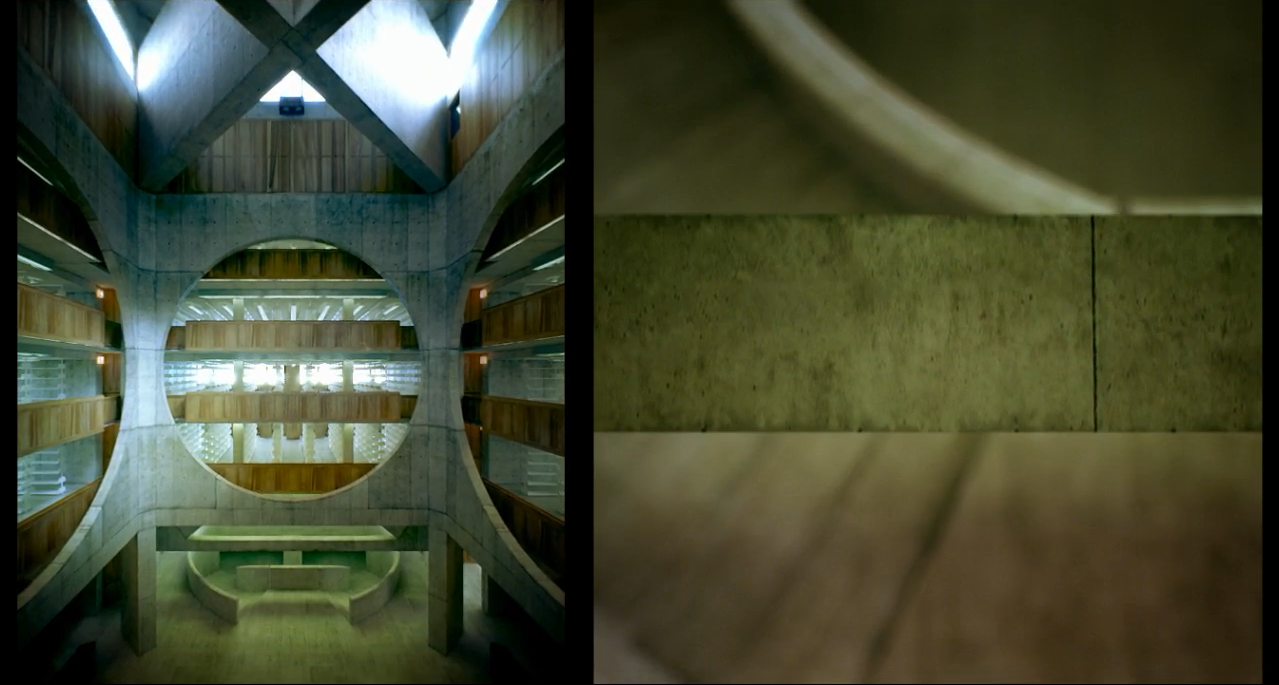 Fotograma del film en el que se muestra un plan general de la biblioteca de Exeter y un detalle de sus texturas