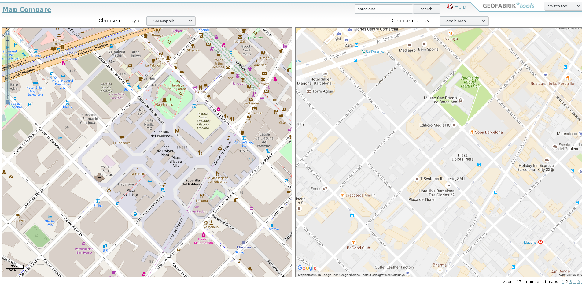 Hay vida más allá de Google: Comparación de OSM (izquierda) y Google Maps. OSM muestra, en esta zona de Barcelona, datos más actualizados y detallados, como la superilla inaugurada hace apenas unas semanas. (Fecha de la captura 7/09/2016